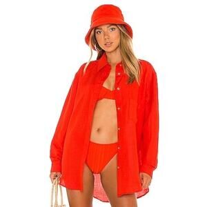 Solid & Striped The Oxford Tunic Linen Button Up Shirt in Candy Red Size Small